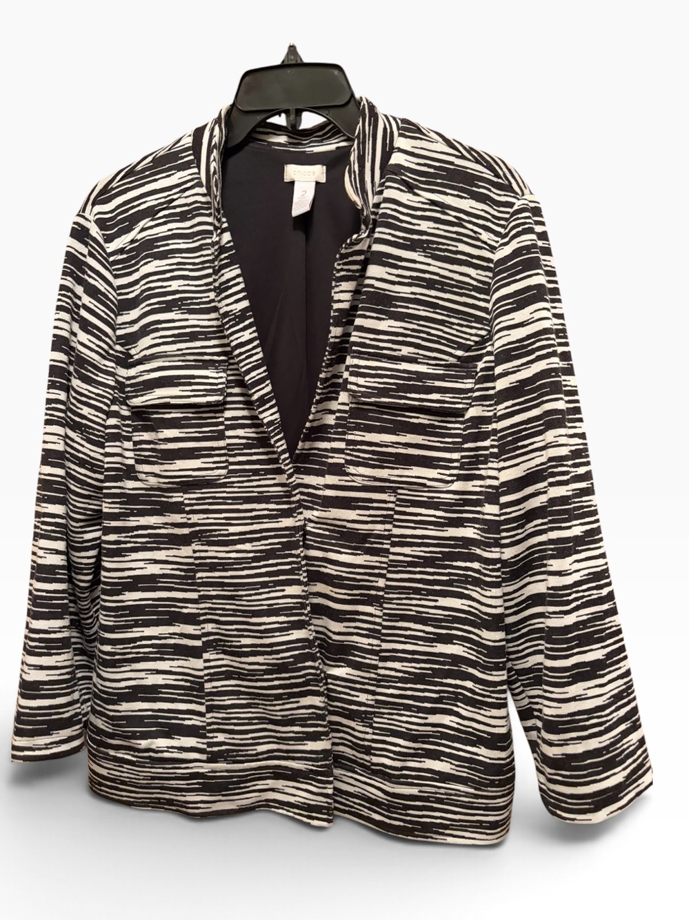 Chico’s Size 2 Black Ivory Abstract Stripe Blazer Jacket Women’s